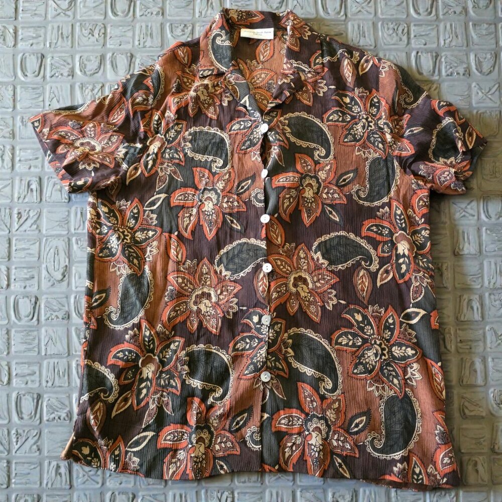 Amanda Smith Petite 100% Silk Blouse Paisley Brown Boho Earthy Coastal Grandma - Picture 9 of 14